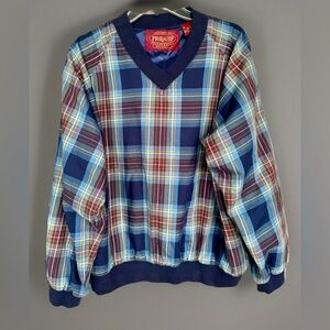 Proquip Men VNeck Long Sleeve Cotton Blend Pullover Windbreaker Blue Plaid Large